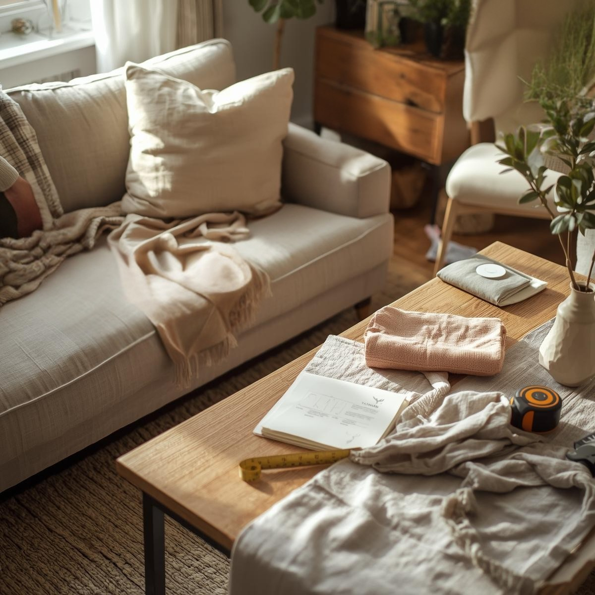 "DIY fabric care with couch, fabrics, and decor items.