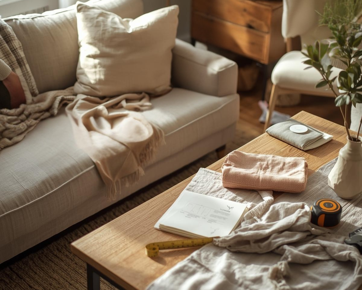 "DIY fabric care with couch, fabrics, and decor items.