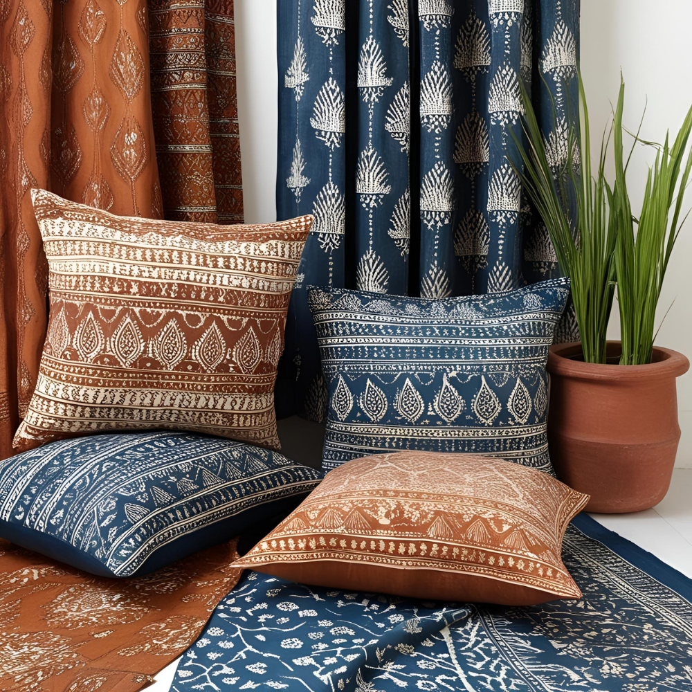 Hand-woven block print fabrics from India adorn cushions, curtains, and furniture throws.
