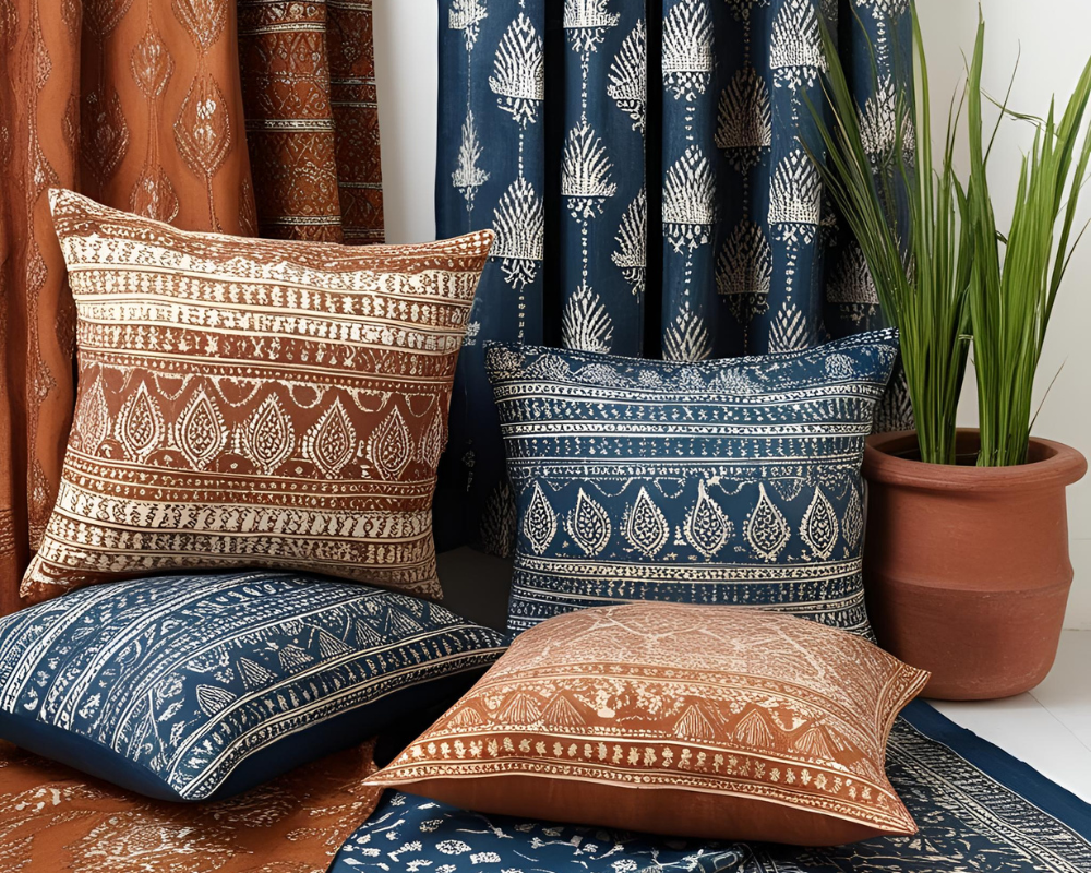 Hand-woven block print fabrics from India adorn cushions, curtains, and furniture throws.