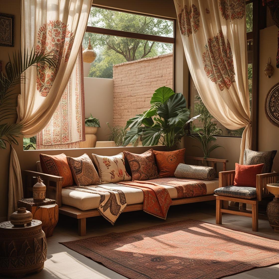 A sunlit living room featuring hand block-printed linen curtains and vibrant Indian block print pillow covers on a natural wood sofa, blending traditional Jaipur textiles with modern American home decor