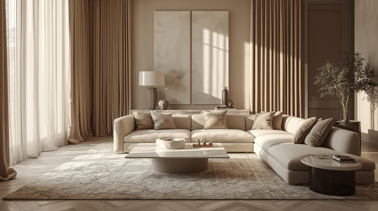 Luxury linen velvet silk drapery in elegant living room