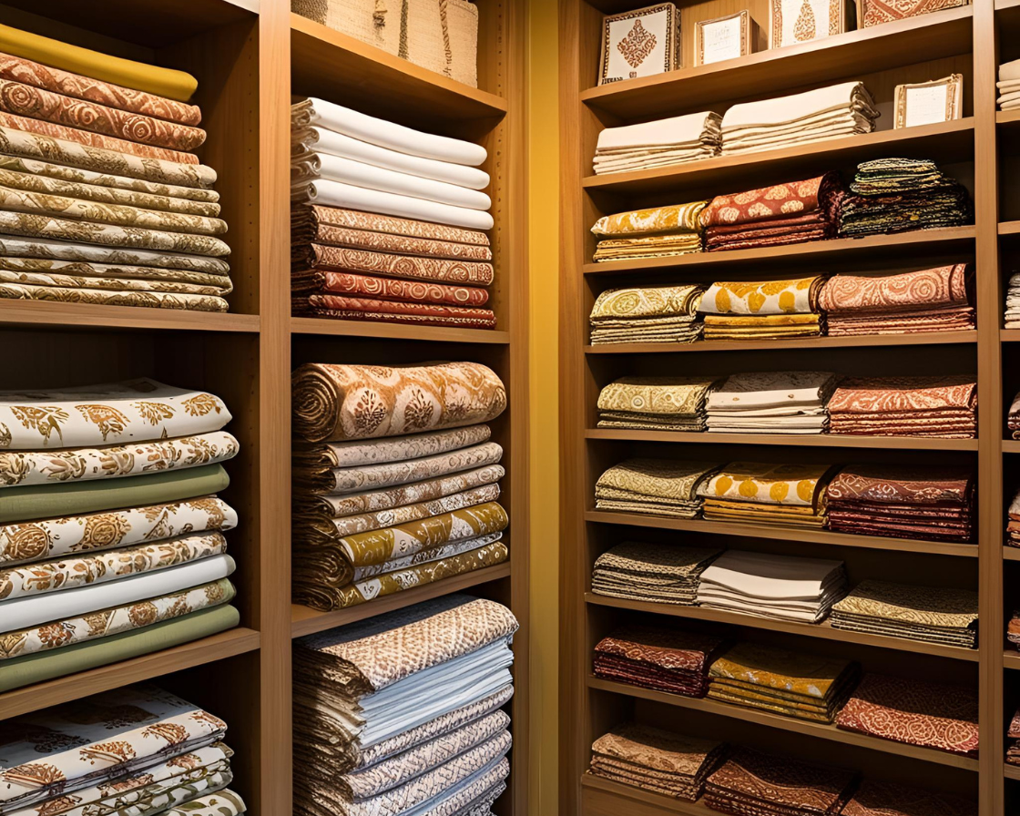 A warm, authentic textile shop with neatly arranged shelves and displays. One side of the shop features stacks of block printed fabrics in linen and cotton—handmade patterns like florals.