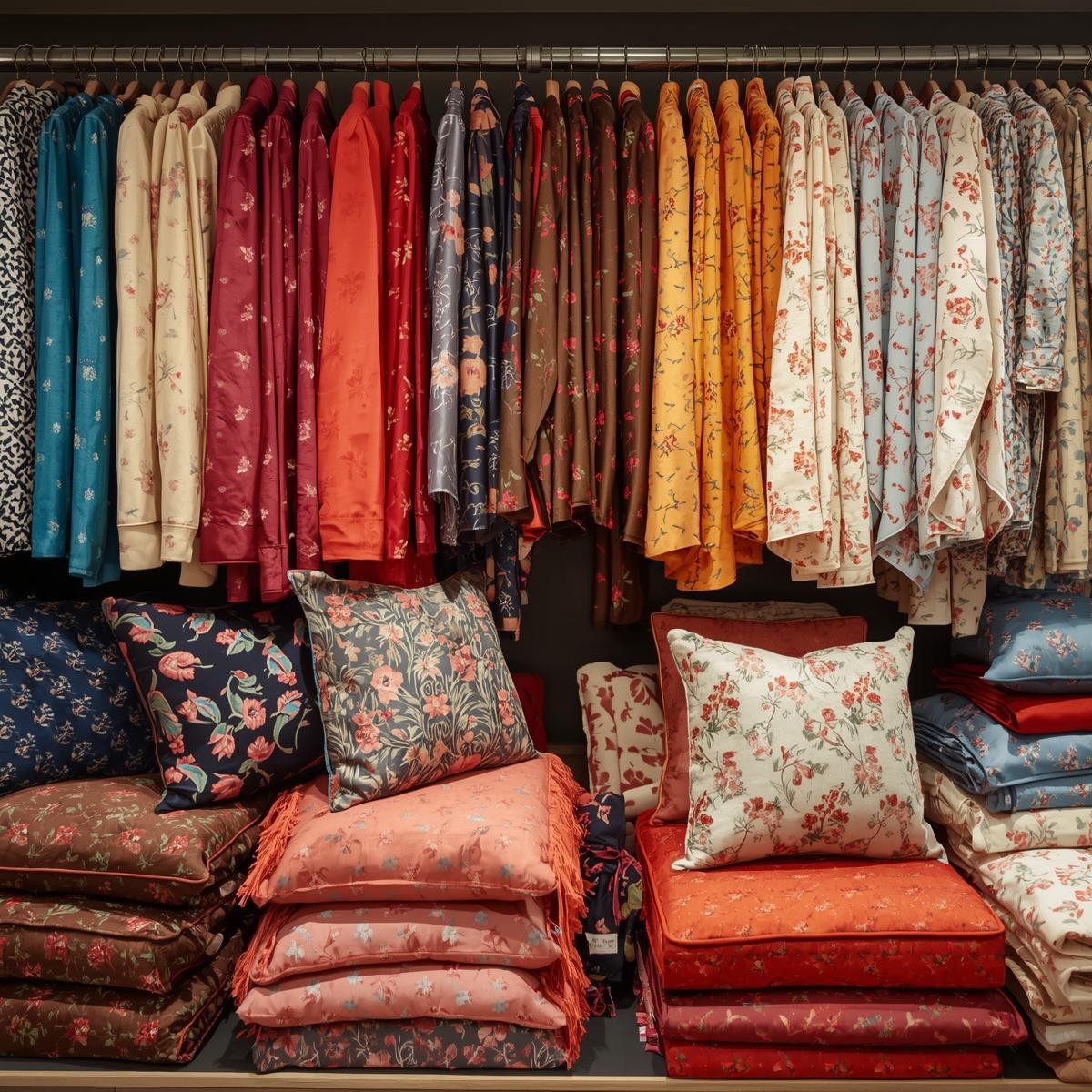 Luxurious patterned satin fabrics with bold floral and geometric prints in pastel and jewel tones, styled for fashion and home decor