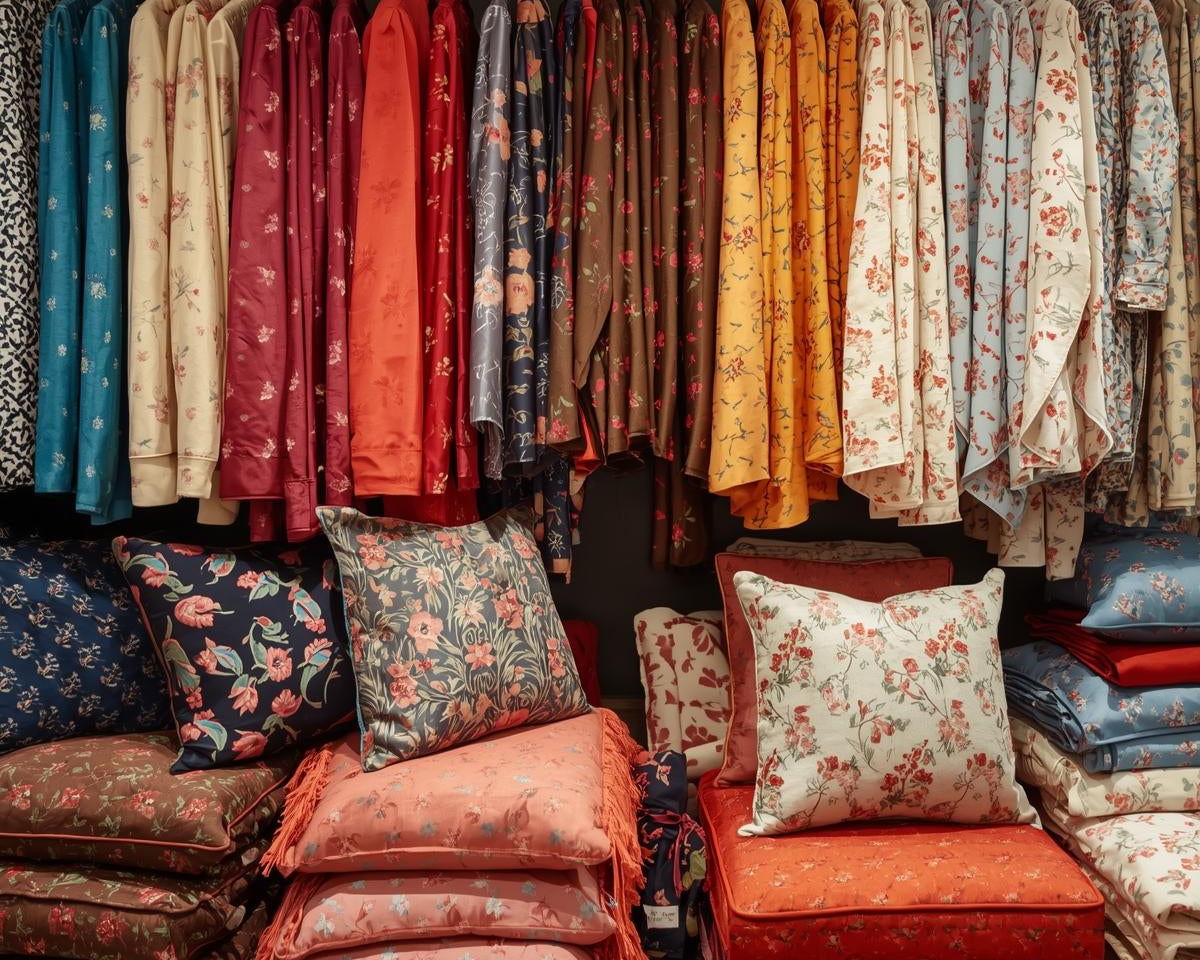 Luxurious patterned satin fabrics with bold floral and geometric prints in pastel and jewel tones, styled for fashion and home decor