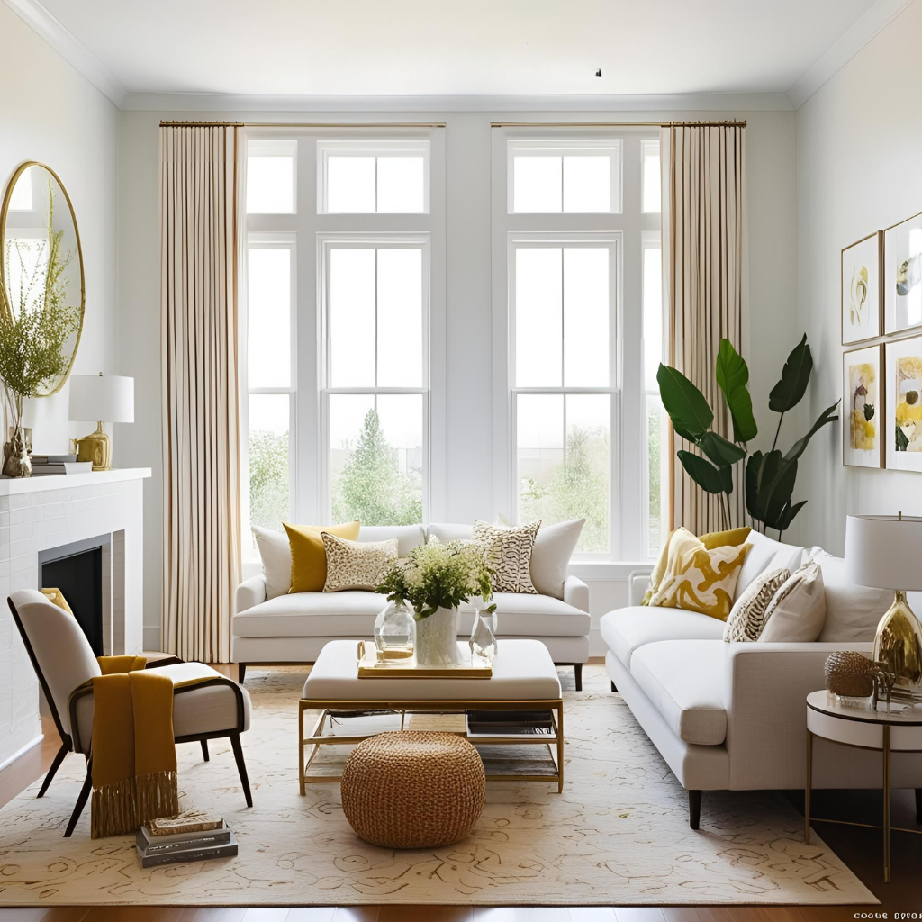 A well-lit living room featuring floor-to-ceiling beige curtains, white sofas, gold-accented decor, and plush cushions, creating a cozy and inviting space.