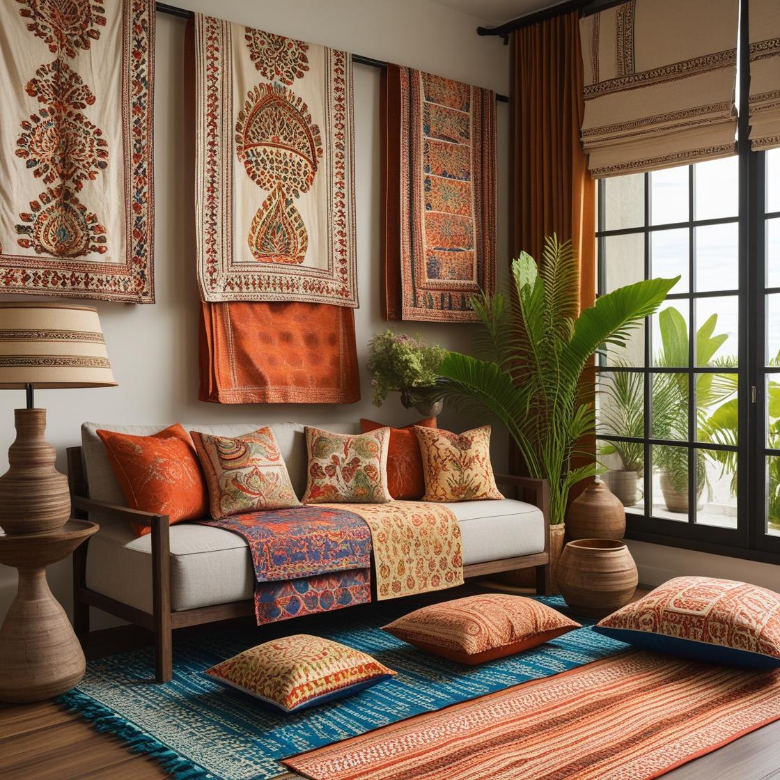 editorial-style layout showcasing exquisite Indian block print fabrics displayed as home décor textiles.