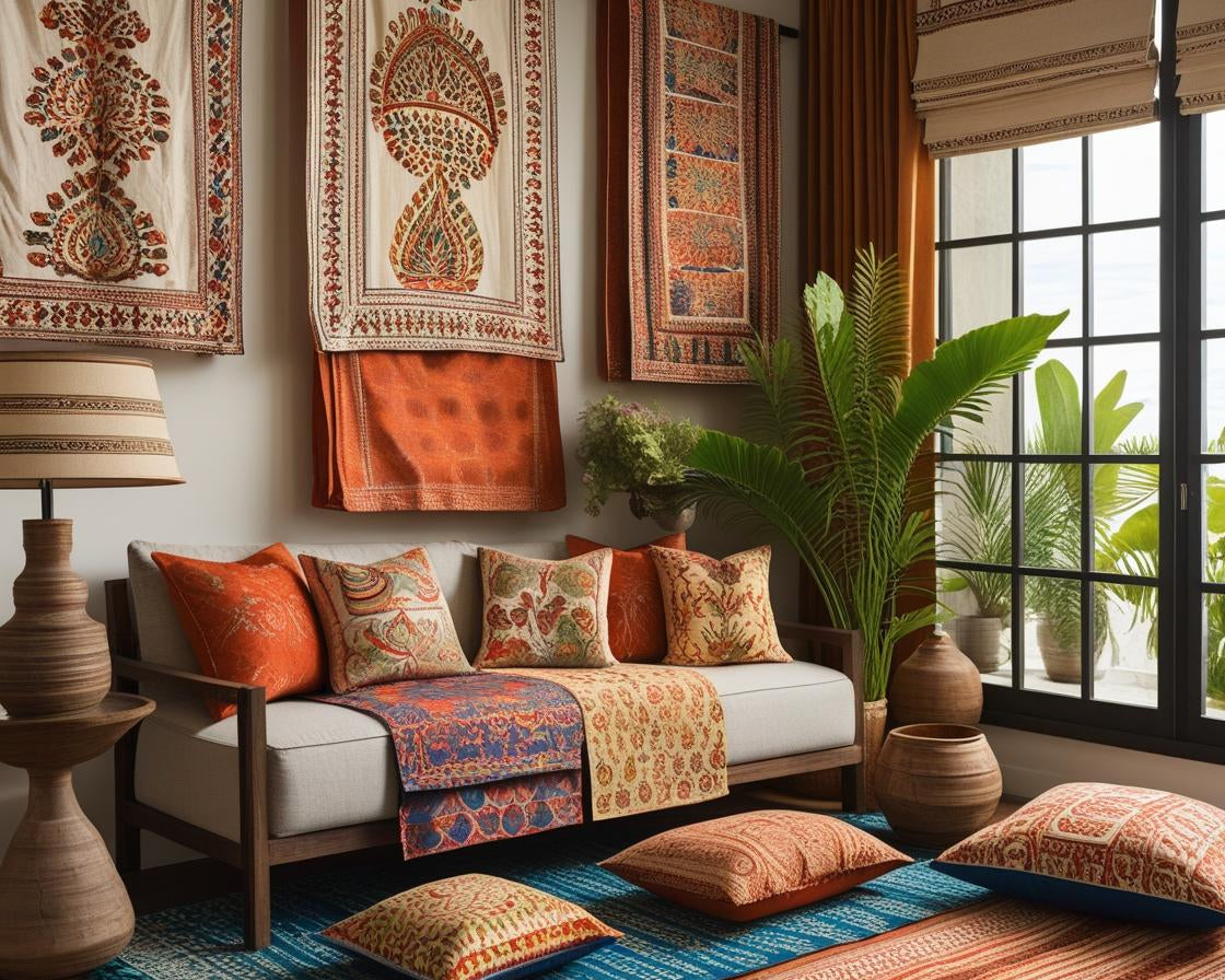 editorial-style layout showcasing exquisite Indian block print fabrics displayed as home décor textiles.