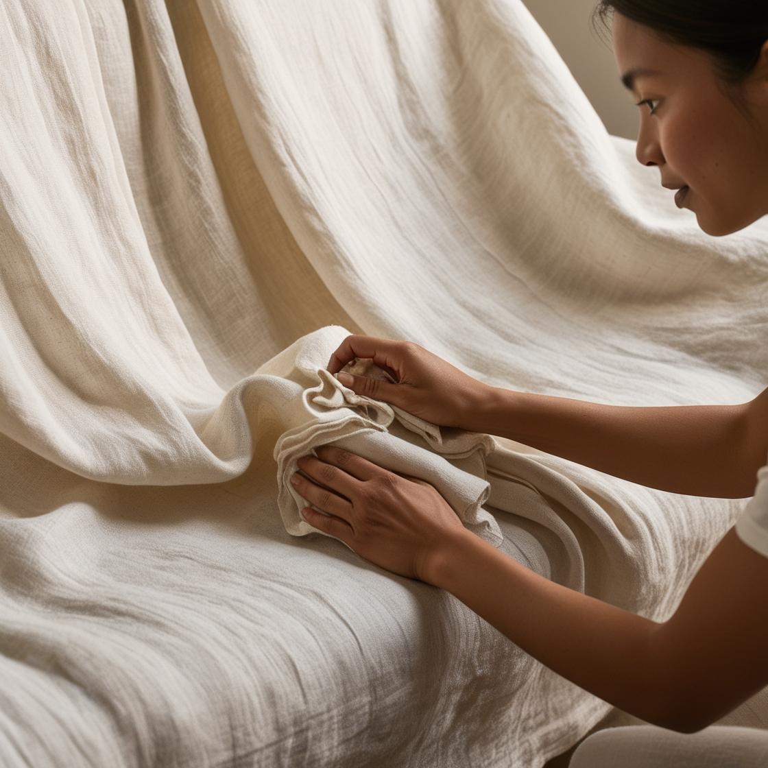 The linen flows gracefully, highlighting its airy quality and soft drape. A person is gently cleaning or caring for the linen upholstery, symbolizing preservation and mindful maintenance. 