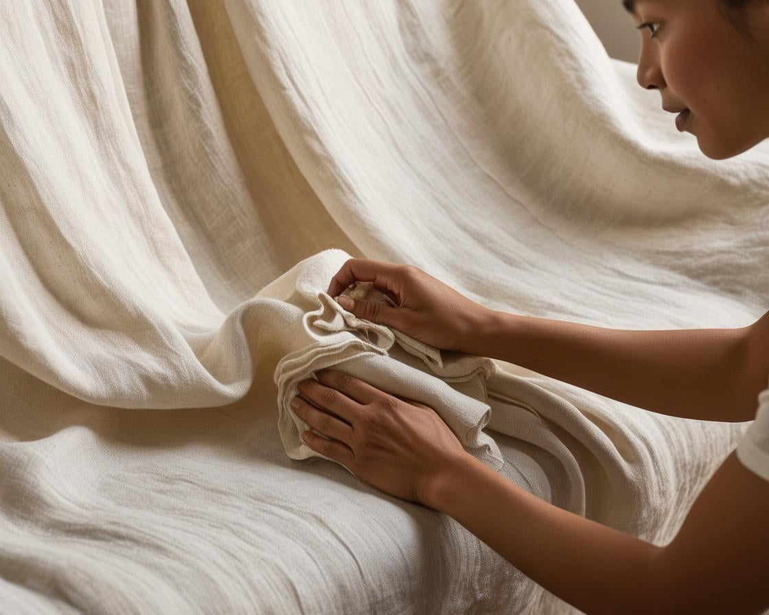 The linen flows gracefully, highlighting its airy quality and soft drape. A person is gently cleaning or caring for the linen upholstery, symbolizing preservation and mindful maintenance. 