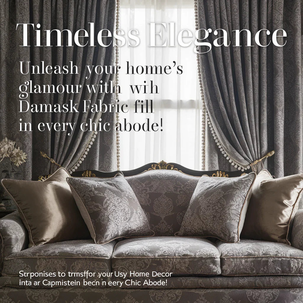 A captivating cover image featuring an elegant living room adorned with luxurious damask fabric. Plush pillows, intricately patterned curtains, and a stylish damask-upholstered sofa fill the space.