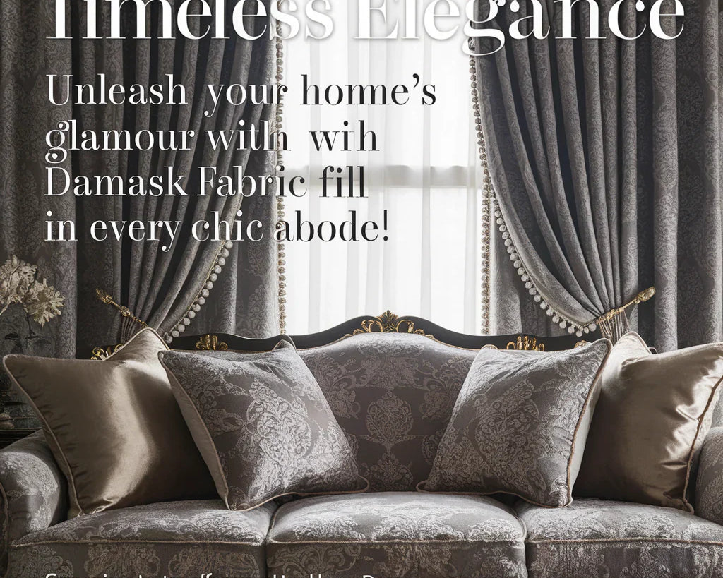 A captivating cover image featuring an elegant living room adorned with luxurious damask fabric. Plush pillows, intricately patterned curtains, and a stylish damask-upholstered sofa fill the space.