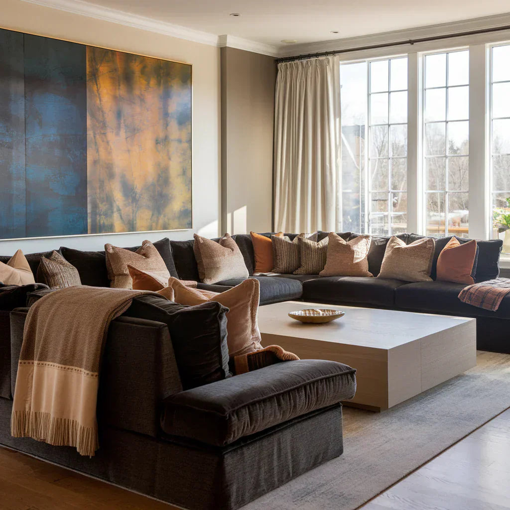 A photo of a living room with a luxurious ambiance. There's a large sectional sofa in a dark gray hue, with plush pillows in various textures and patterns.