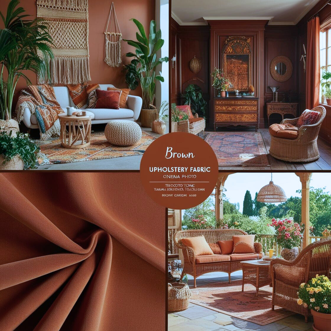 A cozy, stylish interior with brown upholstery fabric in various settings—boho chic living room.
