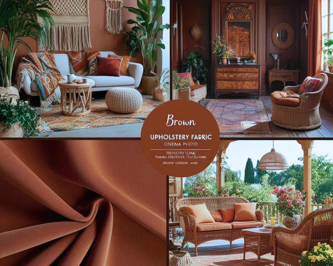 A cozy, stylish interior with brown upholstery fabric in various settings—boho chic living room.