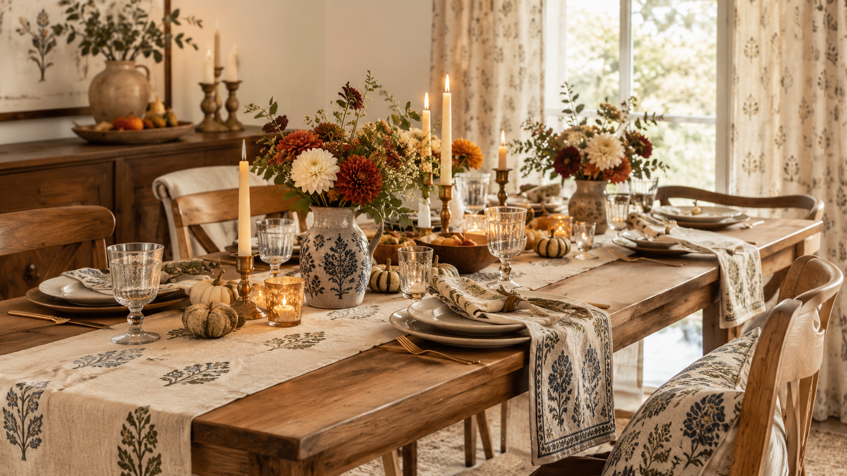 Friendsgiving Tablescape Ideas with Linen and Block Prints