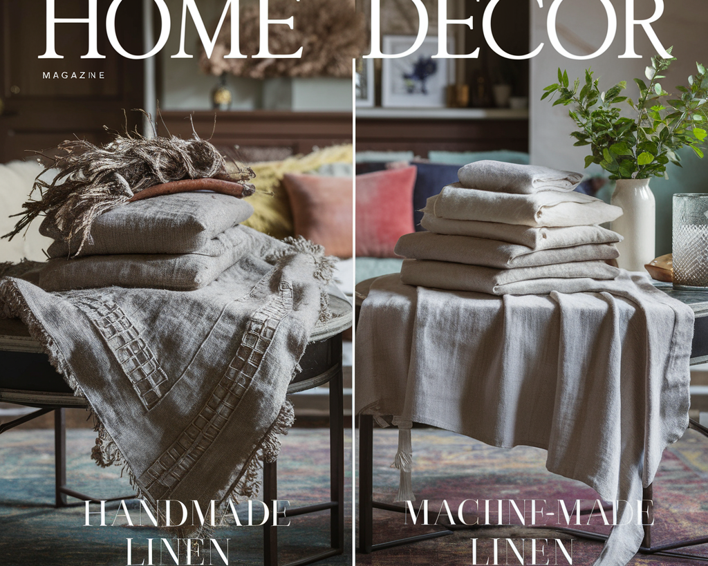 showcasing handmade and machine-made linen fabric side by side. The handmade linen is artfully woven, showcasing intricate patterns and a rustic, earthy charm.