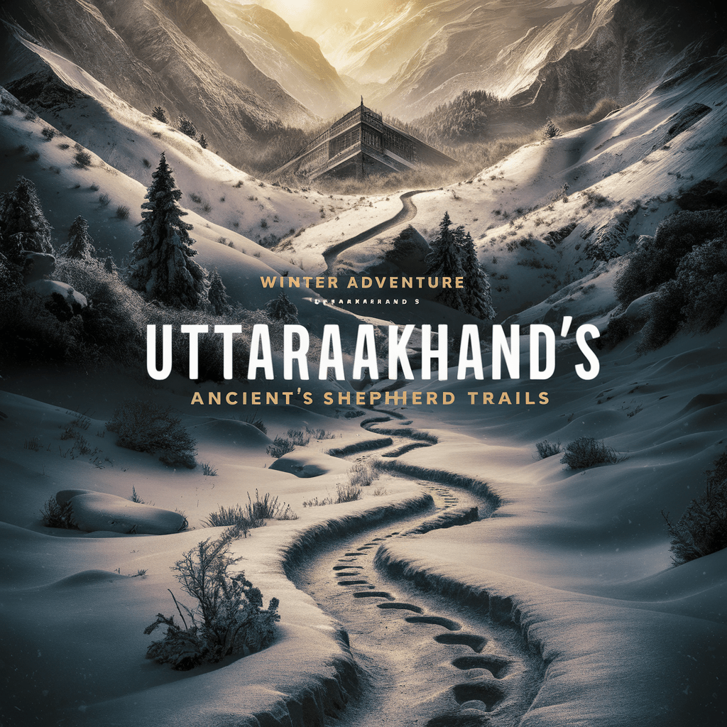 A captivating thumbnail image for a winter adventure in Uttarakhand's ancient shepherd trails. The image features a snow-covered mountain range, with a winding, narrow pathway leading through the snow.