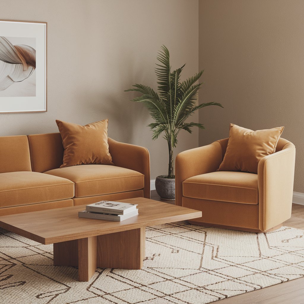 A photo of a living room with a modern design. The room has a bouclé fabric couch with a grey background and a beige sofa with a fluffy texture