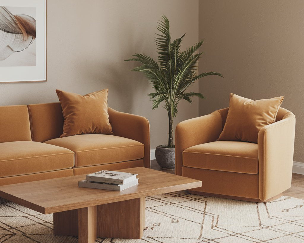 A photo of a living room with a modern design. The room has a bouclé fabric couch with a grey background and a beige sofa with a fluffy texture