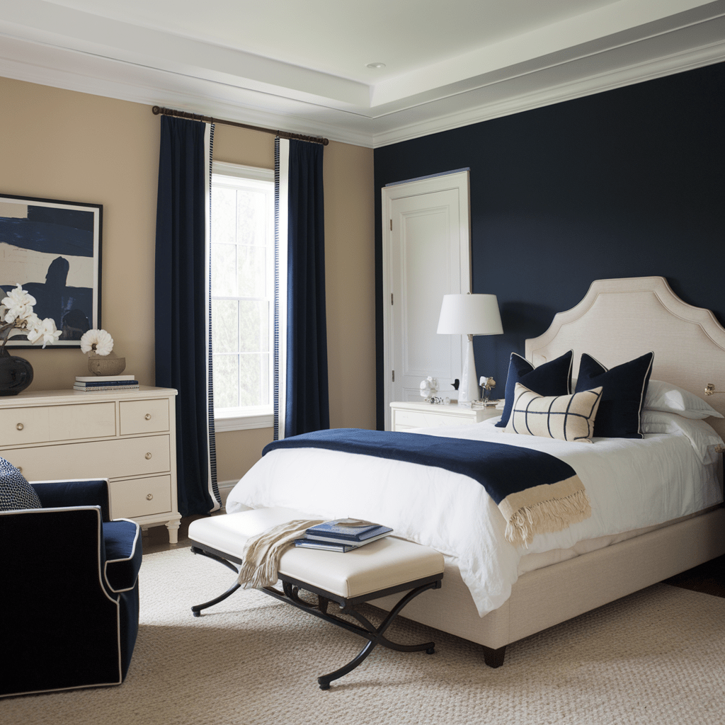 A photo of a bedroom with a beige wall, a navy blue accent wall, and a white ceiling. The room contains a beige bed frame, a navy blue chair, a white dresser, and a beige rug. 