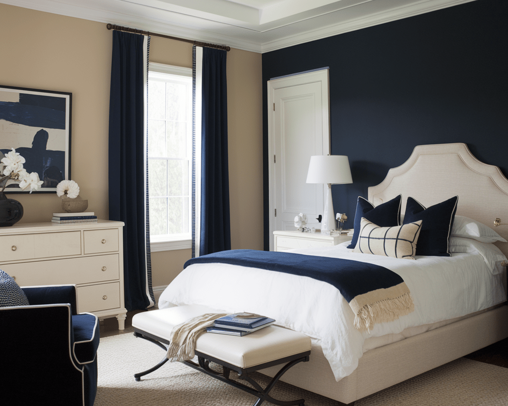 A photo of a bedroom with a beige wall, a navy blue accent wall, and a white ceiling. The room contains a beige bed frame, a navy blue chair, a white dresser, and a beige rug. 