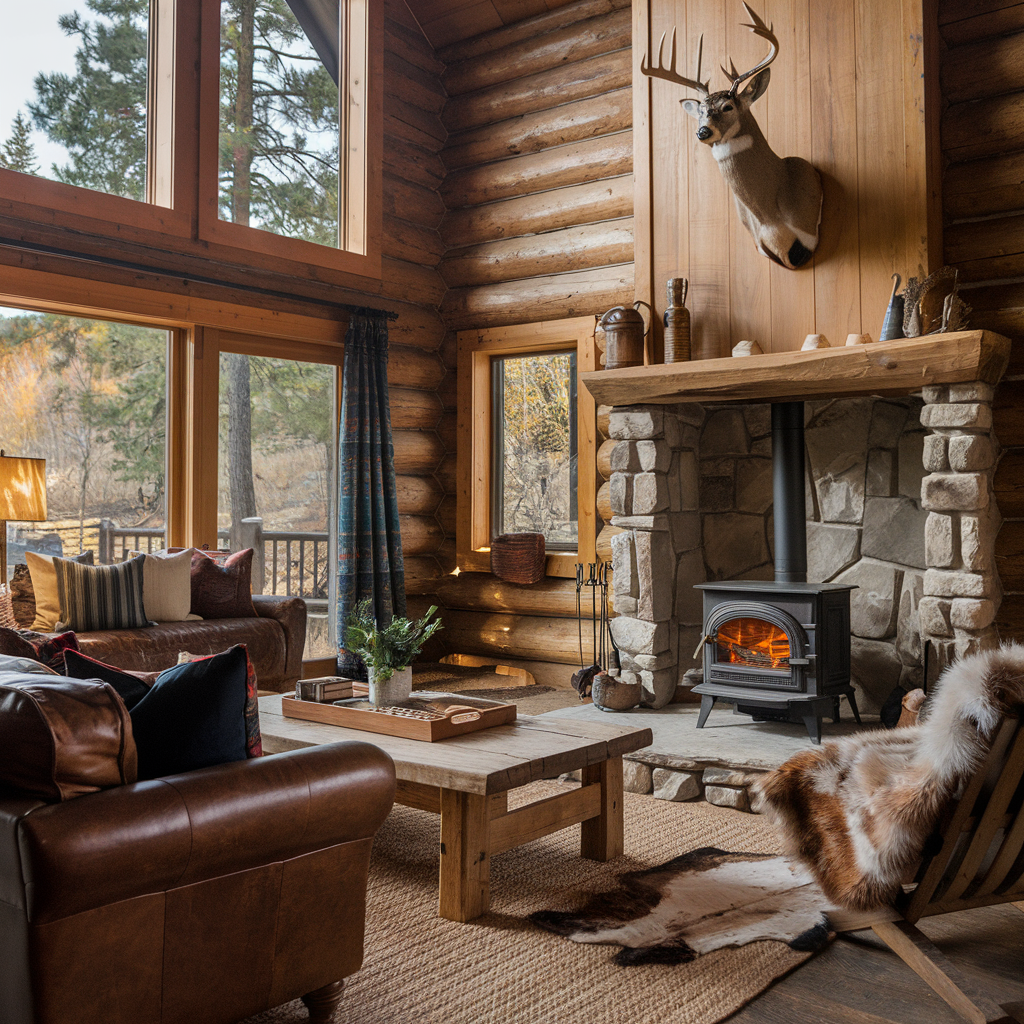 A photo of a cozy cabin in the mountains with rustic decor