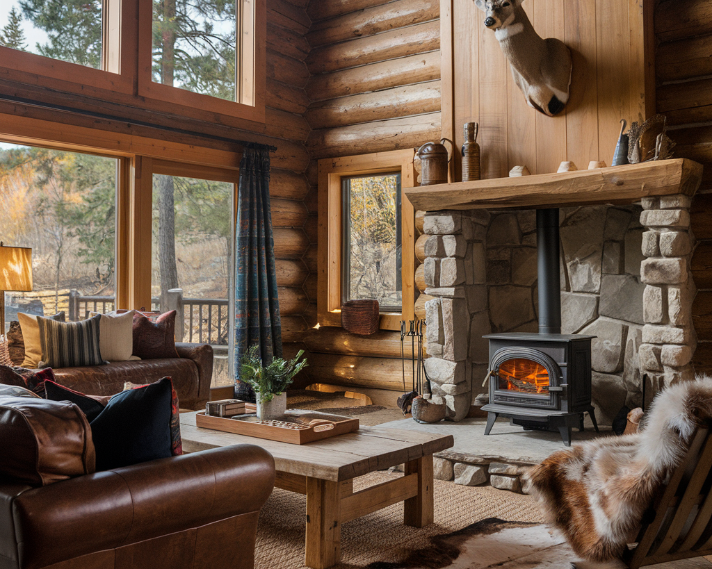 A photo of a cozy cabin in the mountains with rustic decor