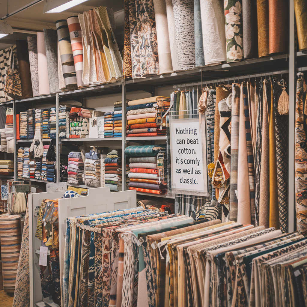The fabrics are arranged in a neat and organized manner. The store has a wooden floor and the fabrics are hung from bars. There is a vintage sewing machine in the corner.