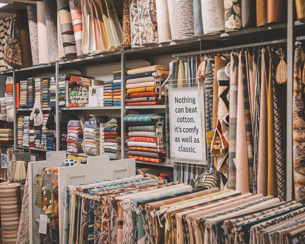 The fabrics are arranged in a neat and organized manner. The store has a wooden floor and the fabrics are hung from bars. There is a vintage sewing machine in the corner.