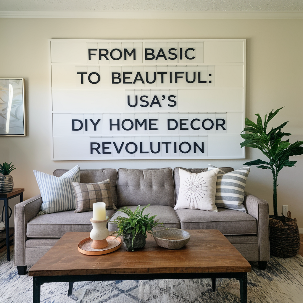 A photo of a living room with a couch, a coffee table, and a plant. There's a DIY home decor project on the wall behind the couch. It's a large white board with the text "From Basic to Beautiful: USA’s DIY Home Decor Revolution".