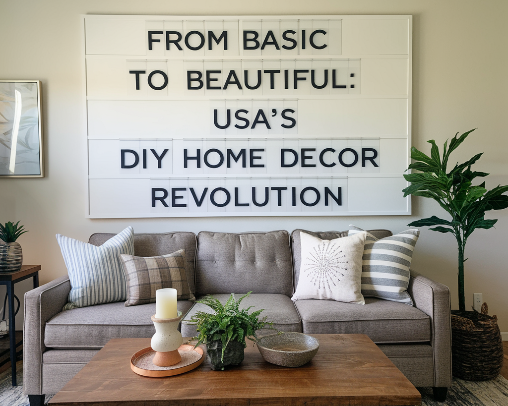 A photo of a living room with a couch, a coffee table, and a plant. There's a DIY home decor project on the wall behind the couch. It's a large white board with the text "From Basic to Beautiful: USA’s DIY Home Decor Revolution".