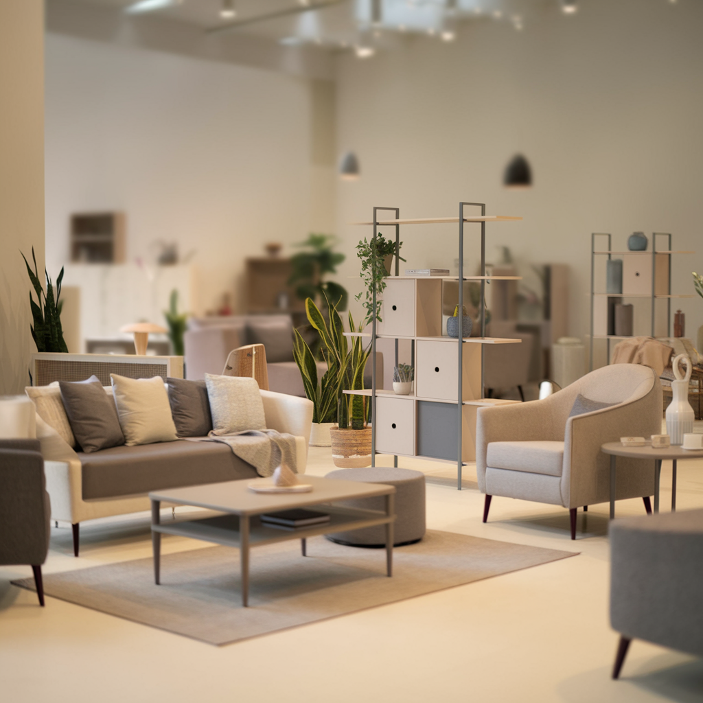 A photo of a living room with a modern interior design. There are various furniture pieces, including a sofa, armchair, coffee table, and a shelving unit. The room has a neutral color palette with shades of beige, grey, and white