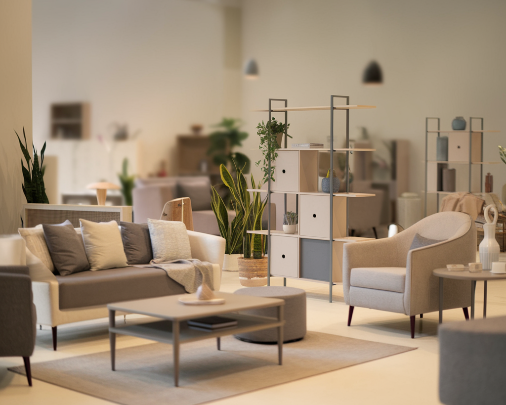 A photo of a living room with a modern interior design. There are various furniture pieces, including a sofa, armchair, coffee table, and a shelving unit. The room has a neutral color palette with shades of beige, grey, and white