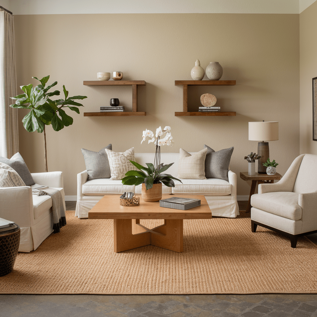 A photo of a living room with a white sofa, a beige chair, a wooden coffee table, and a potted plant. There are two wall shelves with decorative items. The floor is covered with a beige rug. The walls are painted beige. 