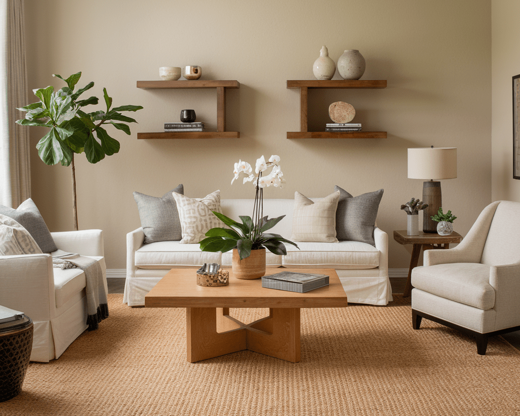 A photo of a living room with a white sofa, a beige chair, a wooden coffee table, and a potted plant. There are two wall shelves with decorative items. The floor is covered with a beige rug. The walls are painted beige. 