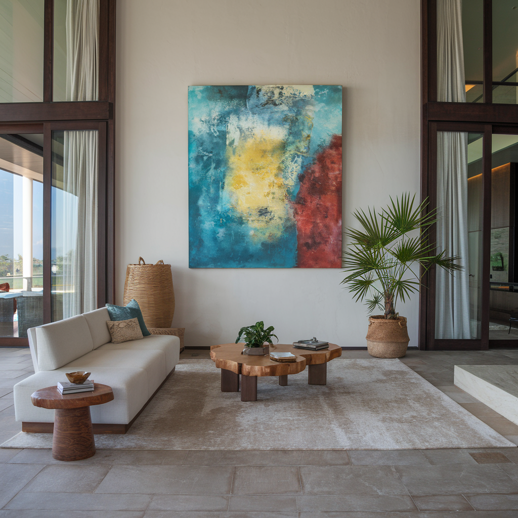 A photo of a luxury home with a living room decorated with unique finds. There is a plush white sofa with blue accents, a blue armchair with gold legs, and a green and white patterned rug.