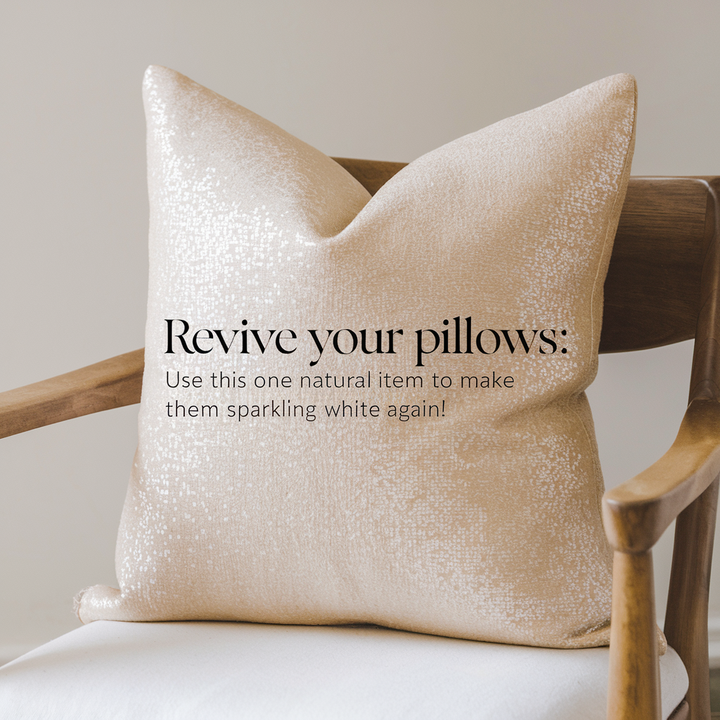 A photo of a pillow with a sparkling white color. The pillow is placed on a wooden chair. The background is simple and clean. There's a text overlay that says "Revive Your Pillows: Use This One Natural Item To Make Them Sparkling White Again!"