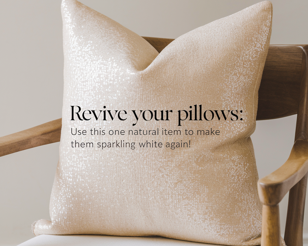 A photo of a pillow with a sparkling white color. The pillow is placed on a wooden chair. The background is simple and clean. There's a text overlay that says "Revive Your Pillows: Use This One Natural Item To Make Them Sparkling White Again!"