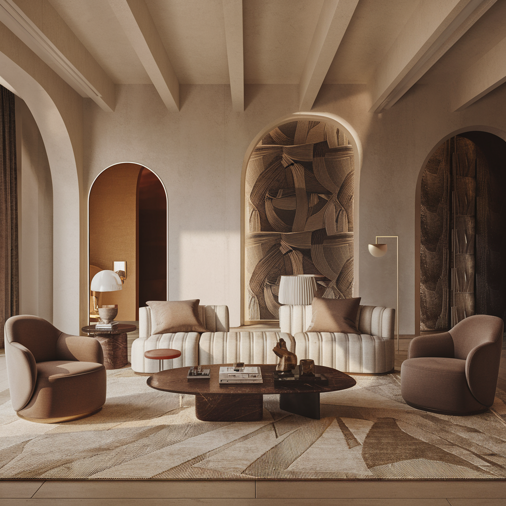 Elegant modern living room with neutral tones, featuring plush seating, textured fabric wall art, and soft ambient lighting. The space showcases a harmonious blend of curved furniture, earthy hues, and luxurious textiles.