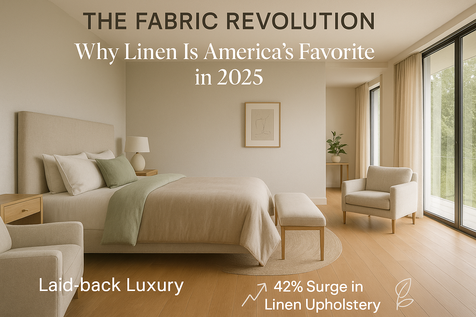 linen home products like pillows, curtains, table runners, and lampshades with calming neutral tones and sustainable living icons.