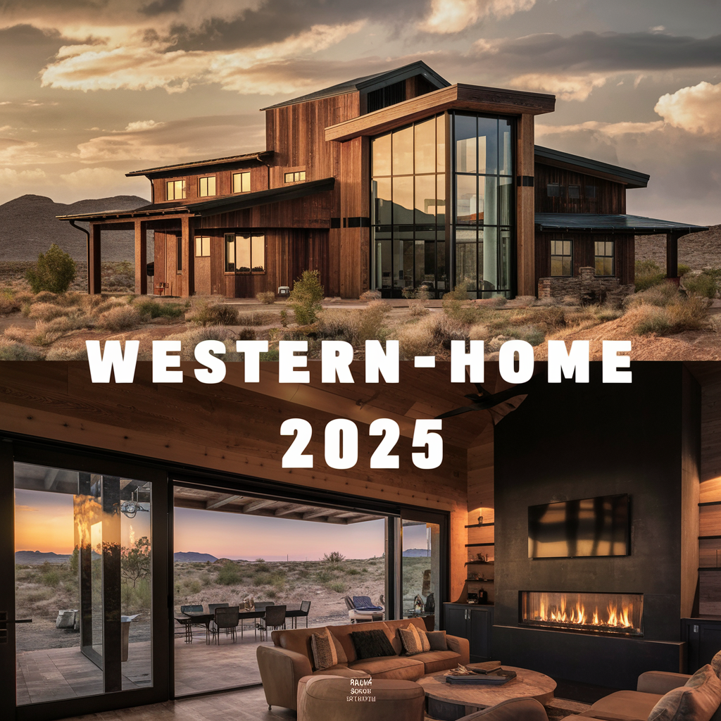 A striking image depicting a futuristic western-style home in 2025. The exterior of the house is a blend of rustic wood and contemporary glass design. 