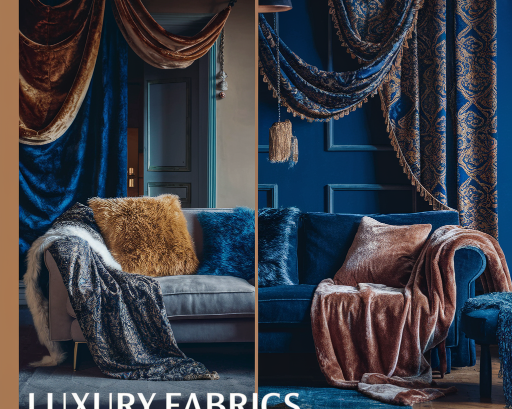 showcasing the transformation of a living space through the incorporation of luxurious fabrics. The room is beautifully adorned with rich, plush materials such as velvet, silk, and faux fur.