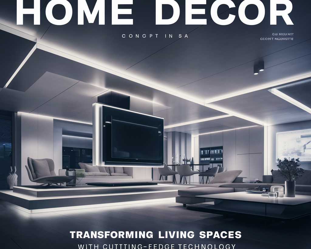 showcasing a sleek, modern living room seamlessly blending cutting-edge technology and comfort. The focal point is a floating TV, illuminated by smart lighting, while minimalist furniture adds to the clean lines and uncluttered aesthetic. 