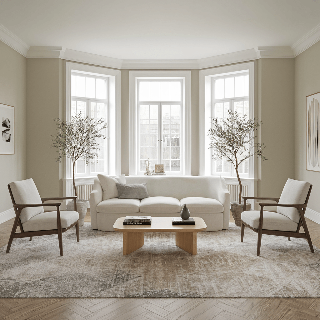 A thumbnail image of a living room with a modern design. The room has a white sofa with a few cushions and a coffee table in the middle of the room. There are two chairs with a wooden frame on either side of the sofa