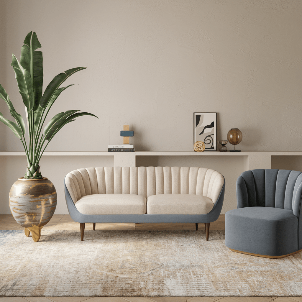 A thumbnail image of a modern living room with a few key decor items: a large plant in a ceramic pot with gold accents, a mid-century modern sofa in beige and blue, a blue accent chair with a curved