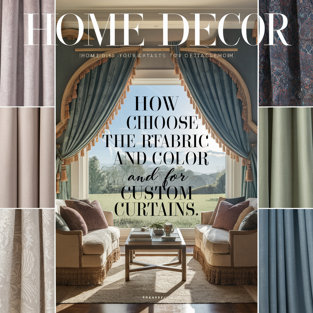  The text is prominently displayed in a stylish, readable font. The background features a selection of luxurious curtain fabrics in various textures and colors, showcasing options like velvet, linen, and sheer materials.