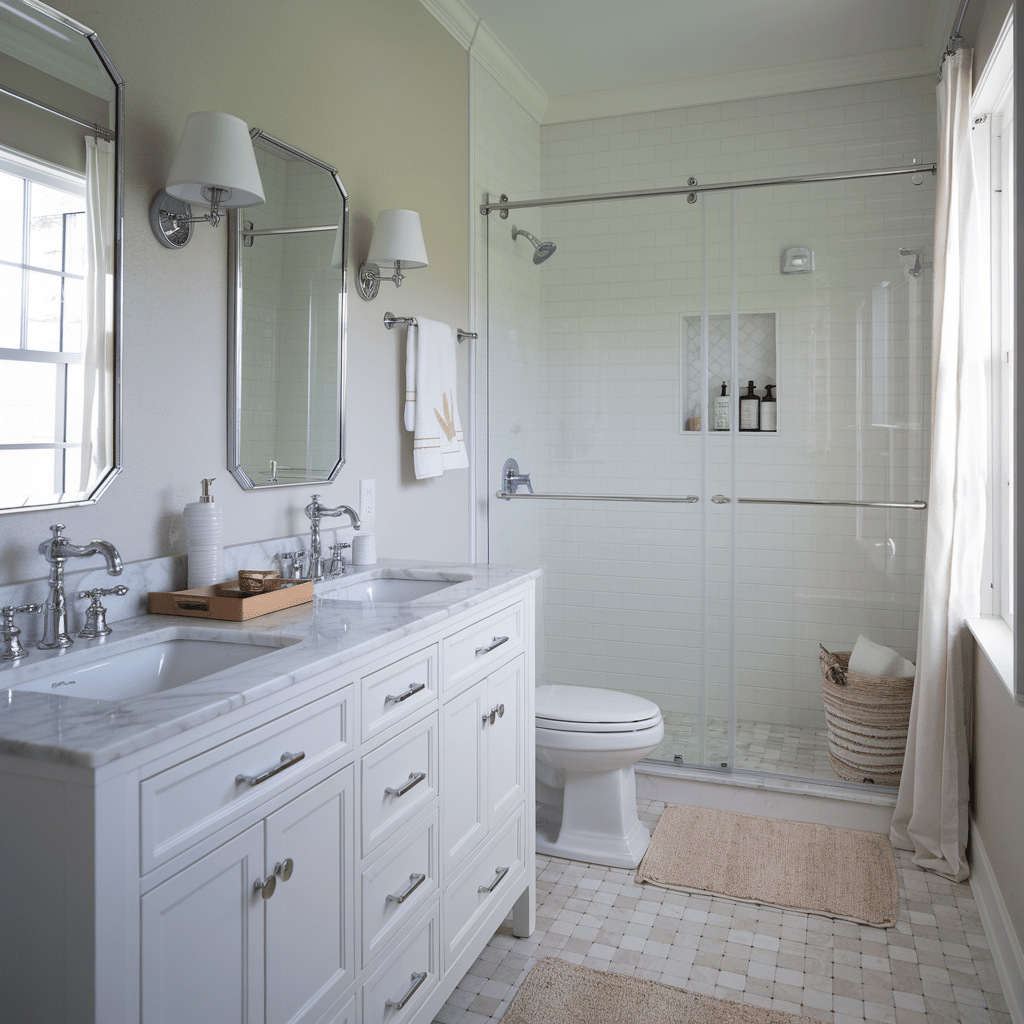 An attractive picture of a small bathroom with Joanna Gaines' design. The bathroom has a white vanity with a marble top and two white faucets. There's a white toilet and a white shower with a clear glass door.