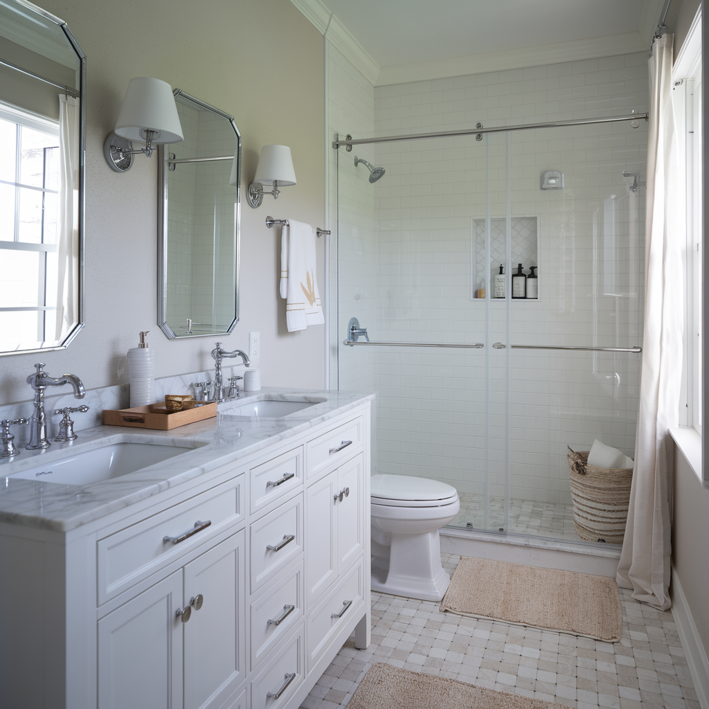 An attractive picture of a small bathroom with Joanna Gaines' design. The bathroom has a white vanity with a marble top and two white faucets. There's a white toilet and a white shower with a clear glass door.