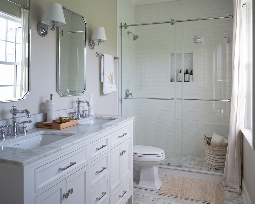 An attractive picture of a small bathroom with Joanna Gaines' design. The bathroom has a white vanity with a marble top and two white faucets. There's a white toilet and a white shower with a clear glass door.